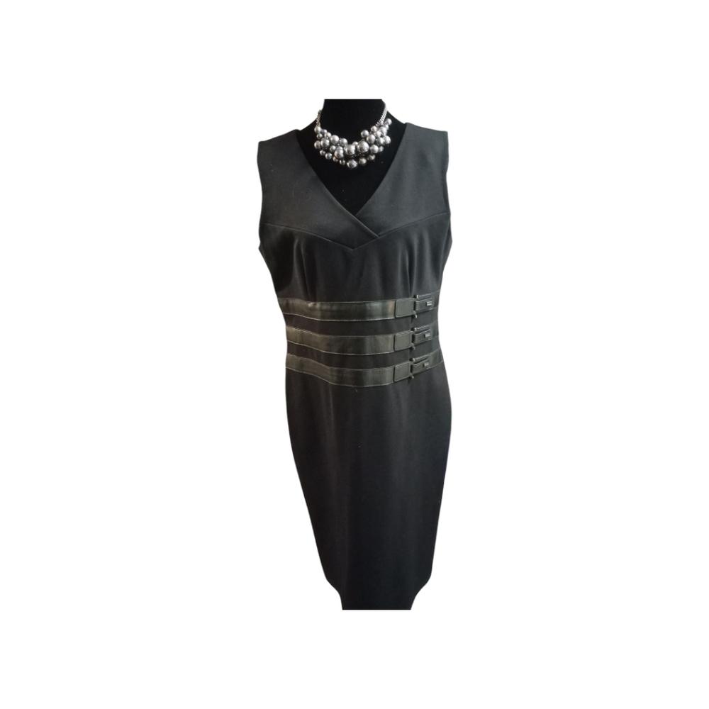 Charlie B. Elegant Black Sleeveless Dress with Faux Leather Trim, Size L, NWT.
